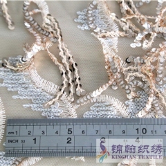 KHSF6002 3mm Gold Wave Shape Fringe Sequins Embroidered on Mesh Fabric