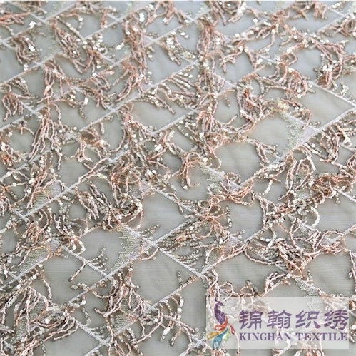 KHSF6001 3mm Gold Diamond Shape Fringe Sequins Embroidered on Mesh Fabric