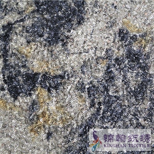 KHSF3009S 3mm Black Gold White Impression Printed Sequins Embroidered Stretch Mesh Fabric