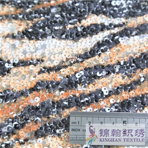 KHSF3005 5mm White Sequins Stripe Printed Embroidered on Stretch Mesh Fabric