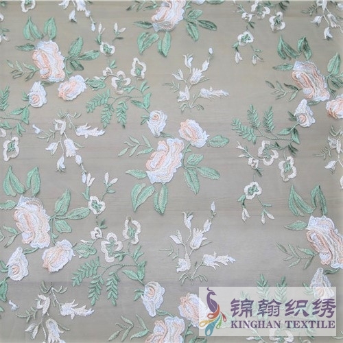 KHME1007 Pink Green White Flower Flat Mesh Embroidery