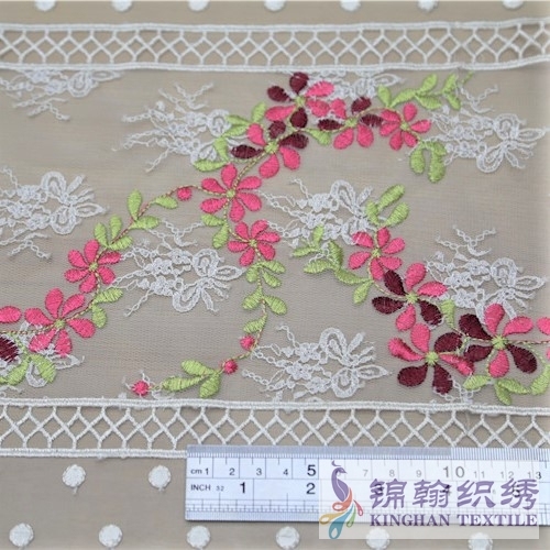 KHME1002 Red Pink Gold Plum Flower Flat Mesh Embroidery