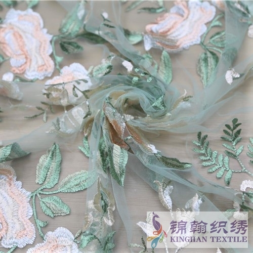 KHME1007 Pink Green White Flower Flat Mesh Embroidery