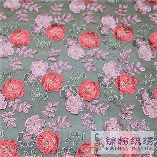 KHME1010G Red Pink Gold Plum Flower Flat Mesh Embroidery