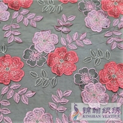 KHME1010G Red Pink Gold Plum Flower Flat Mesh Embroidery