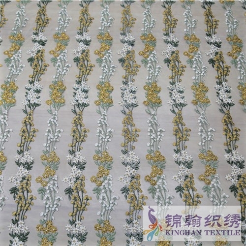 KHME1006 Gold White Green Flower Flat Mesh Embroidery