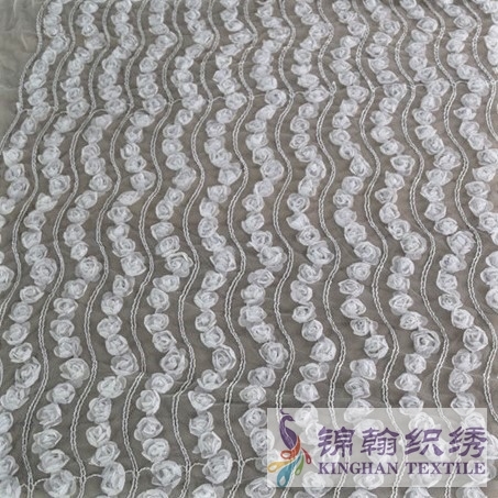 KHME5005 White 3D Flower Wave Embroidered on Mesh Fabric