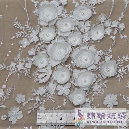 KHME5010 White 3D Flower Beaded Embroidered on Mesh Fabric