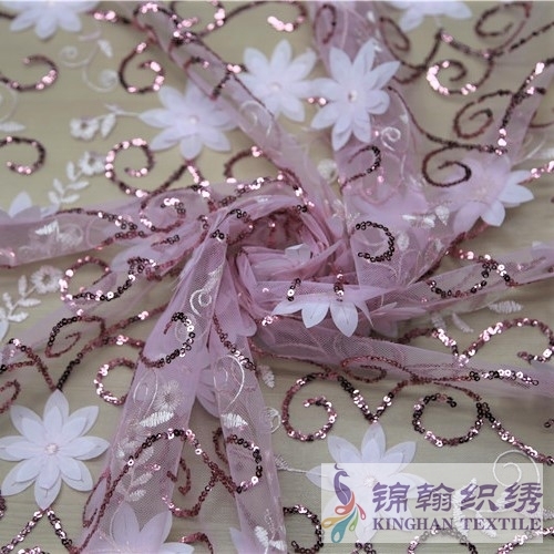 KHSF5005 White 3D Flower 5mm Rose Sequins Beaded Embroidered on Mesh Fabric