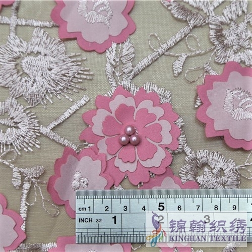 KHME5011 Pink 3D Flower Beaded Embroidered on Mesh Fabric