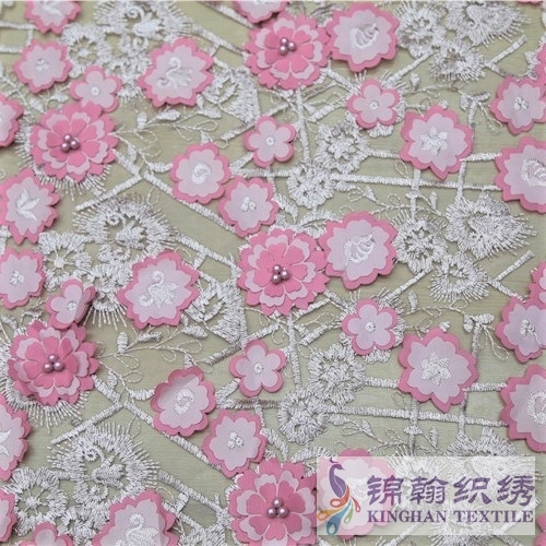 KHME5011 Pink 3D Flower Beaded Embroidered on Mesh Fabric