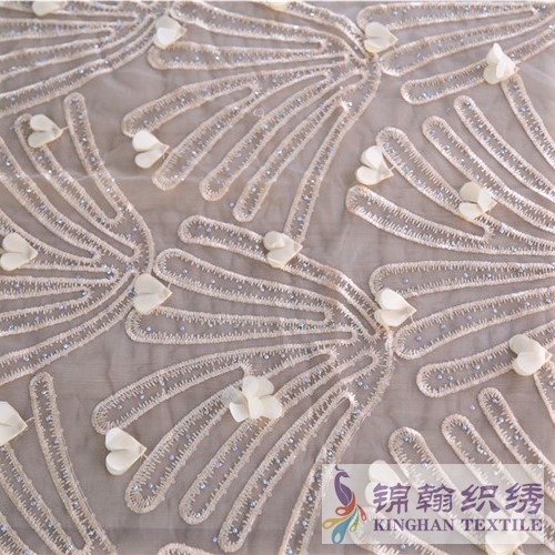 KHME5006 Pink 3D Heart-shaped Flower Rhinestone Embroidered on Mesh Fabric