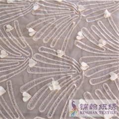 KHME5006 Pink 3D Heart-shaped Flower Rhinestone Embroidered on Mesh Fabric