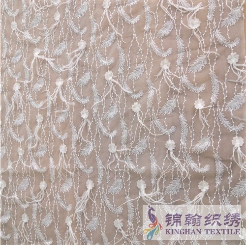 KHME6002 White Feather Fringe 3D Flower Embroidered on Mesh Fabric