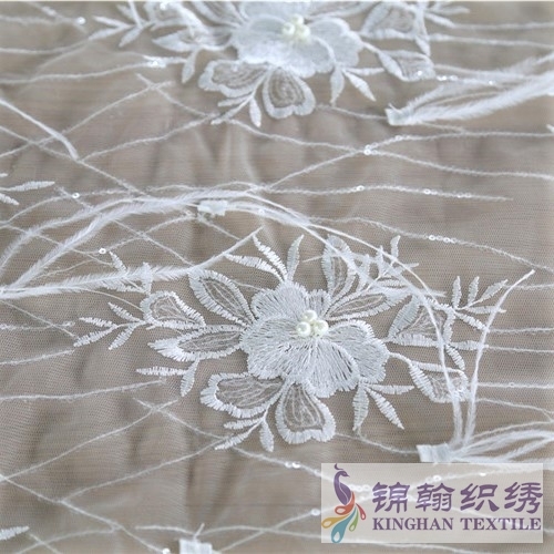 KHME6003 White Feather Beaded 3D Flower Embroidered on Mesh Fabric