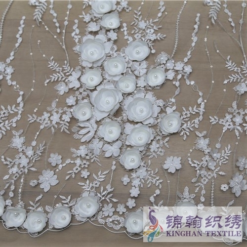 KHME5010 White 3D Flower Beaded Embroidered on Mesh Fabric