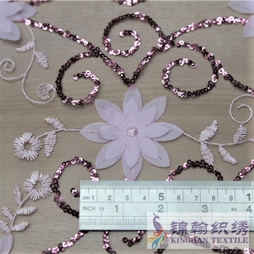 KHSF5005 White 3D Flower 5mm Rose Sequins Beaded Embroidered on Mesh Fabric