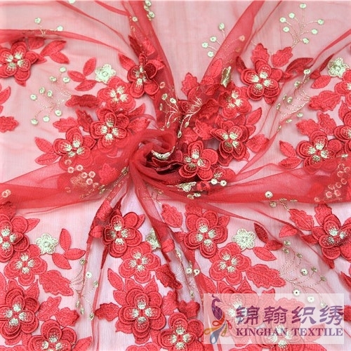 KHME5007 Red Gold 3D Flower Embroidered on Mesh Fabric