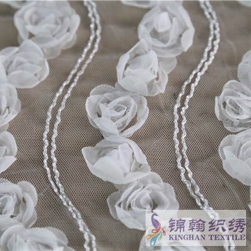 KHME5005 White 3D Flower Wave Embroidered on Mesh Fabric