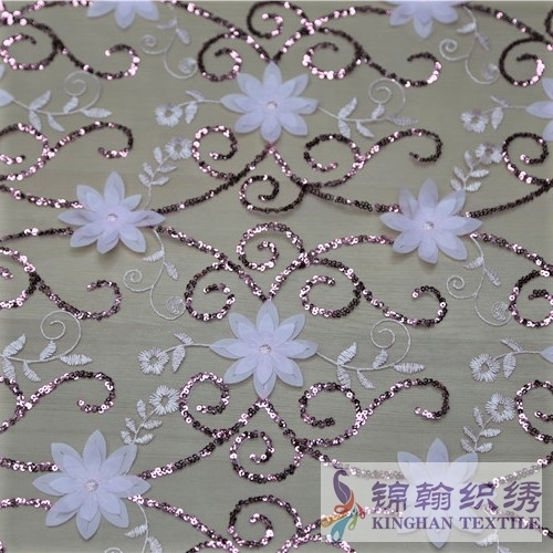 KHSF5005 White 3D Flower 5mm Rose Sequins Beaded Embroidered on Mesh Fabric