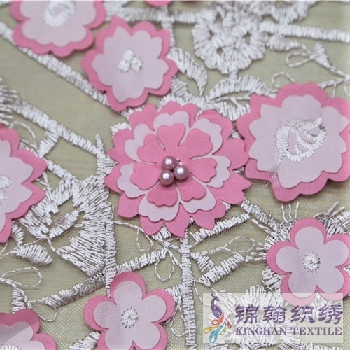 KHME5011 Pink 3D Flower Beaded Embroidered on Mesh Fabric