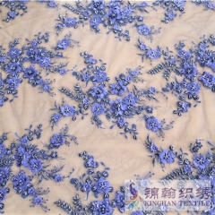 KHME5001 Navy Heavy Hand Tube Beaded 3D Flower Embroidered on Mesh Fabric