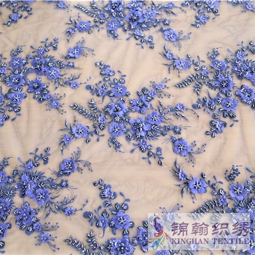 KHME5001 Navy Heavy Hand Tube Beaded 3D Flower Embroidered on Mesh Fabric