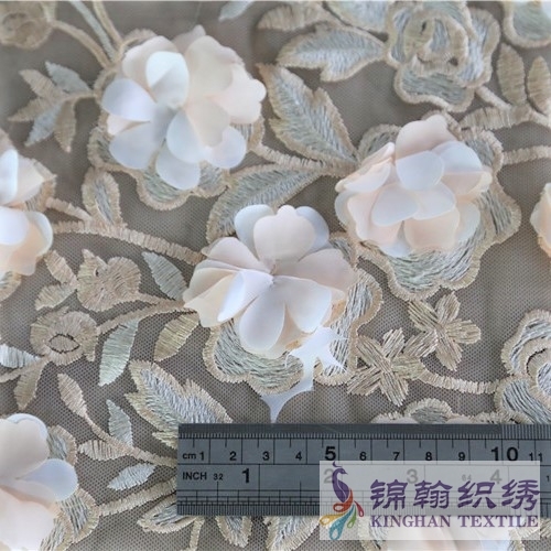 KHME5004 White Pink 3D Flower Embroidered on Mesh Fabric