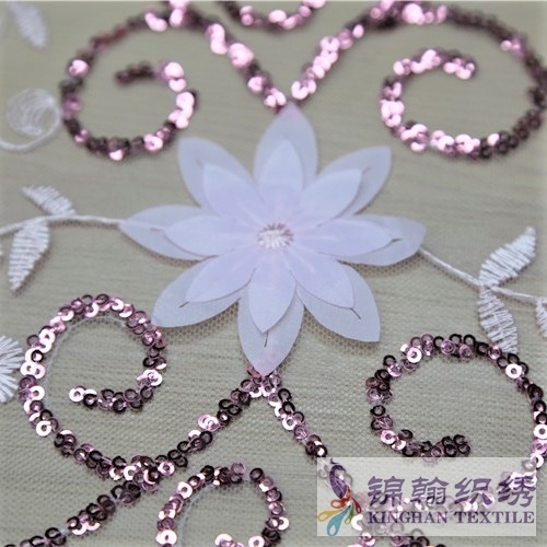 KHSF5005 White 3D Flower 5mm Rose Sequins Beaded Embroidered on Mesh Fabric