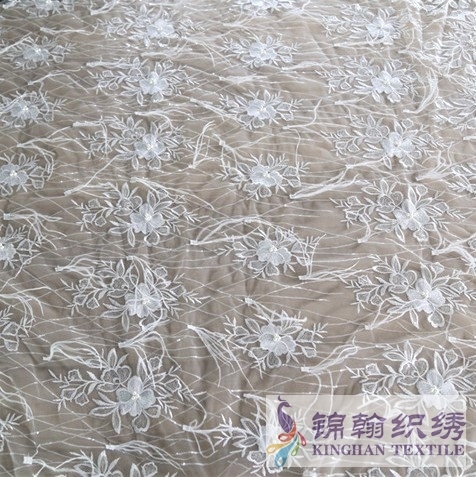 KHME6003 White Feather Beaded 3D Flower Embroidered on Mesh Fabric