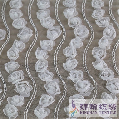 KHME5005 White 3D Flower Wave Embroidered on Mesh Fabric