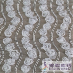 KHME5005 White 3D Flower Wave Embroidered on Mesh Fabric