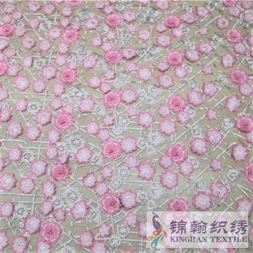 KHME5011 Pink 3D Flower Beaded Embroidered on Mesh Fabric