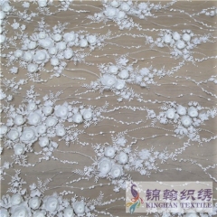 KHME5010 White 3D Flower Beaded Embroidered on Mesh Fabric