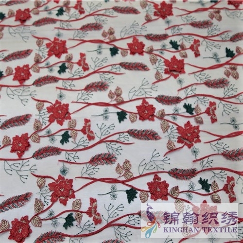 KHME5008 Red Green Wheat Shape 3D Flower Embroidered on Mesh Fabric