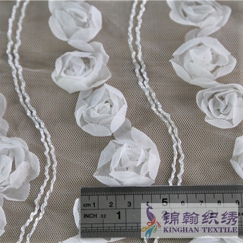 KHME5005 White 3D Flower Wave Embroidered on Mesh Fabric