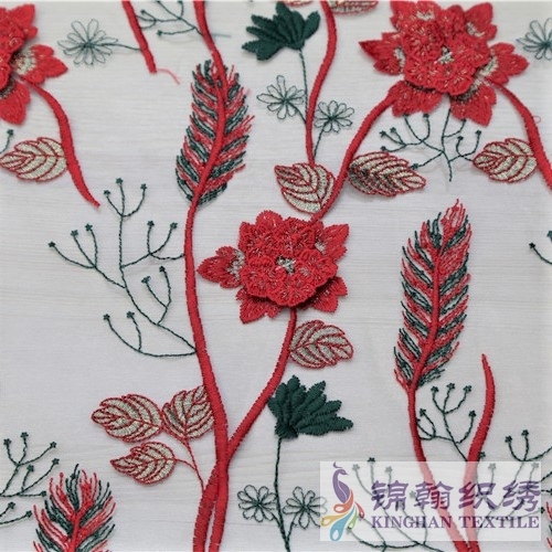 KHME5008 Red Green Wheat Shape 3D Flower Embroidered on Mesh Fabric