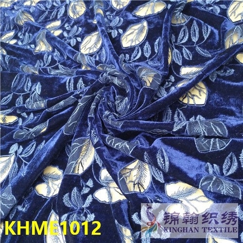 KHME1012 Velet Blue leaves Flat Mesh Embroidery