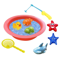 Cana de pescar autoensamblada + juego de lavabo redondo de animales soplados de botellas