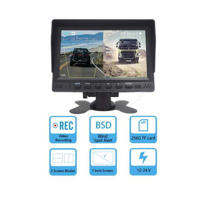 7-Inch Blind Spot Detection System with Dashcam | BSD Monitor for Commercial Vehicles,7' BSD Voice-Controlled Display Screen Device with Dual-Recording Dashcam and Universal Blind Spot Monitoring System for Trucks and Buses