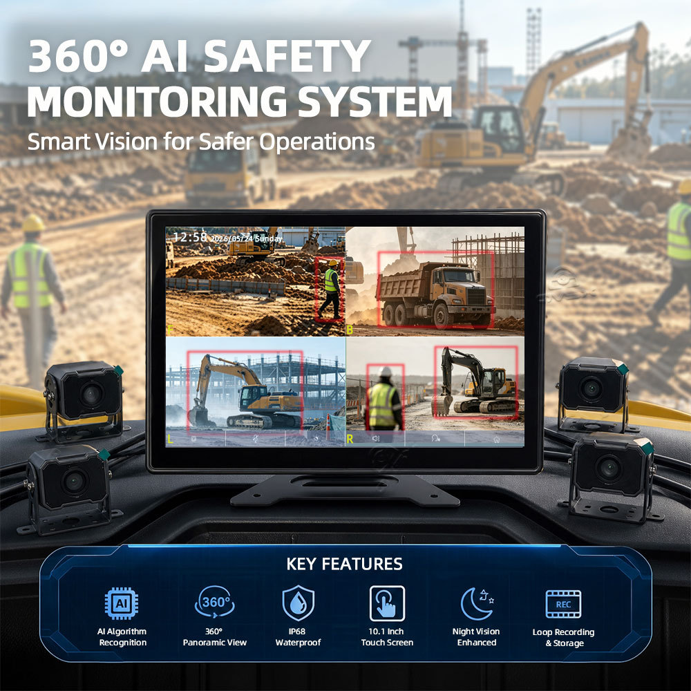 AI Camera Monitoring System for Construction Machinery | Rugged Blind Spot Detection & DVR for Excavators & Bulldozers,工程机械AI摄像头监控系统 | 挖掘机和推土机用防盲区检测与DVR