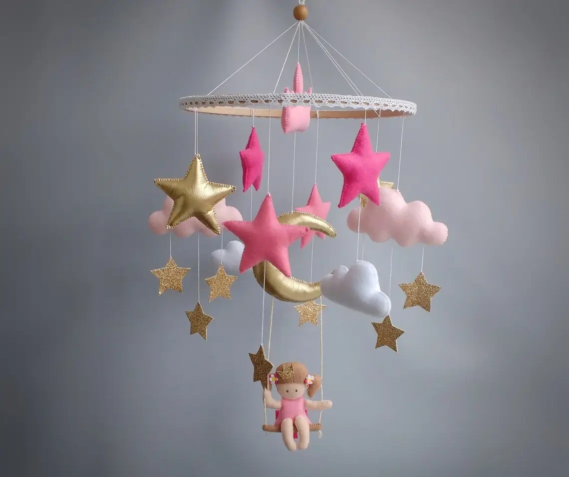nordic hand made newborn nursery custom pink gold princess girl felt baby products music soft toy baby box mobile