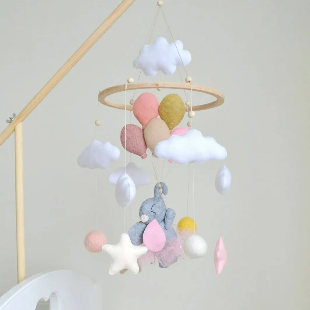 Custom made in china neutral nursery mobile pompoms pink & grey pastel decor felt nursery baby elephant mobile