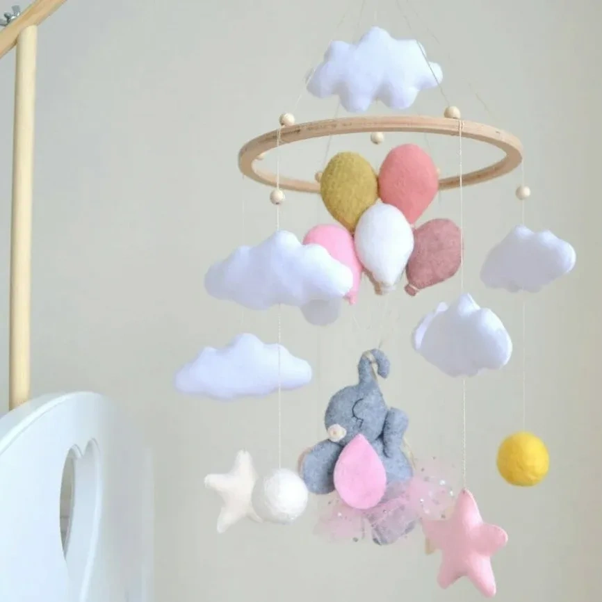 Custom made in china neutral nursery mobile pompoms pink & grey pastel decor felt nursery baby elephant mobile