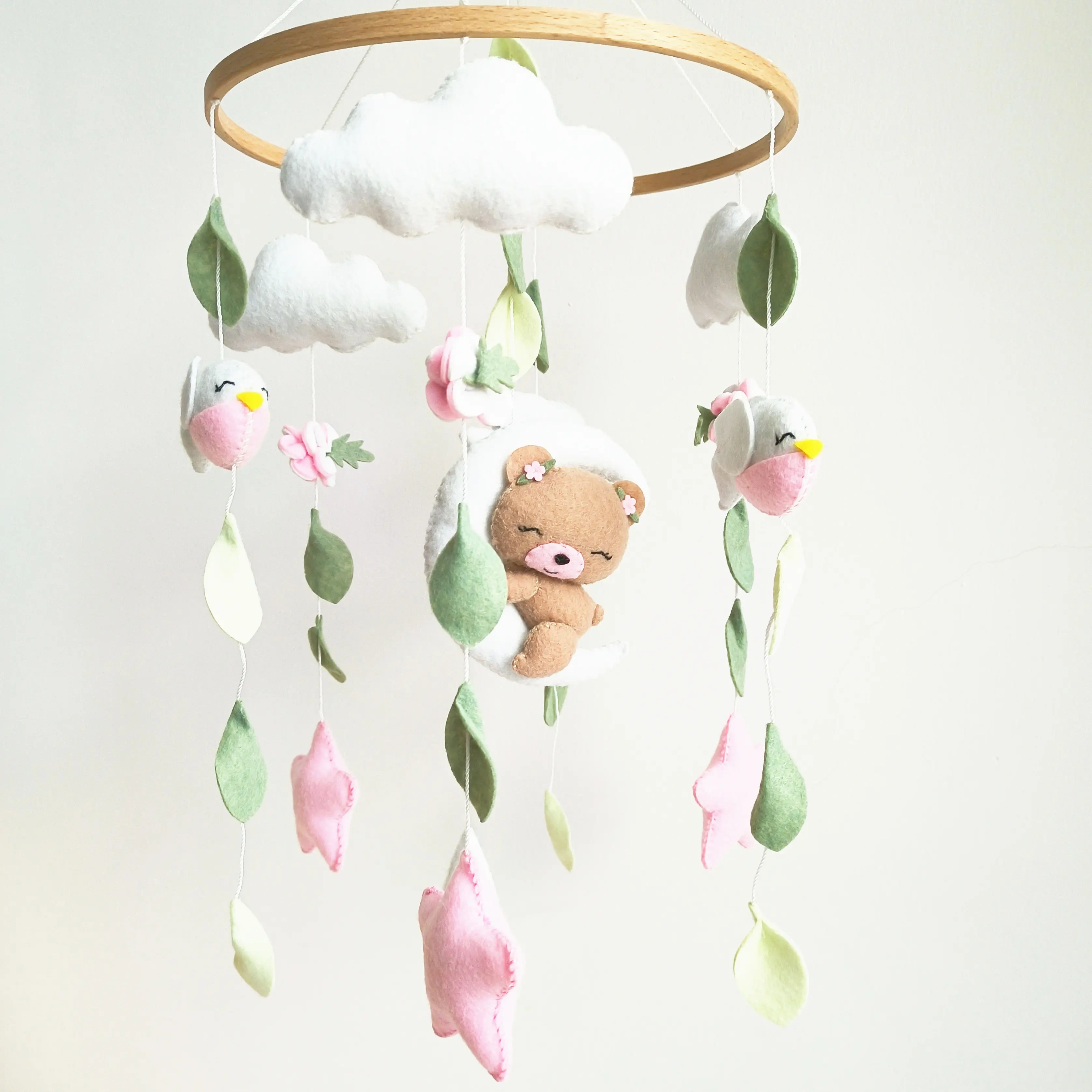 Full customization pure handwork hanging nursery wooden hoops finished sewing birds pink teddy bear baby mobile