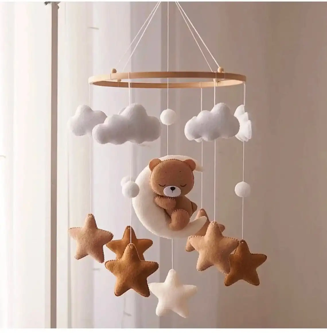 CE CPC hot selling 2023 stuffed sleepy moon bear hanging wool ball soft toys crib quran cot wooden felt baby mobiles with frame