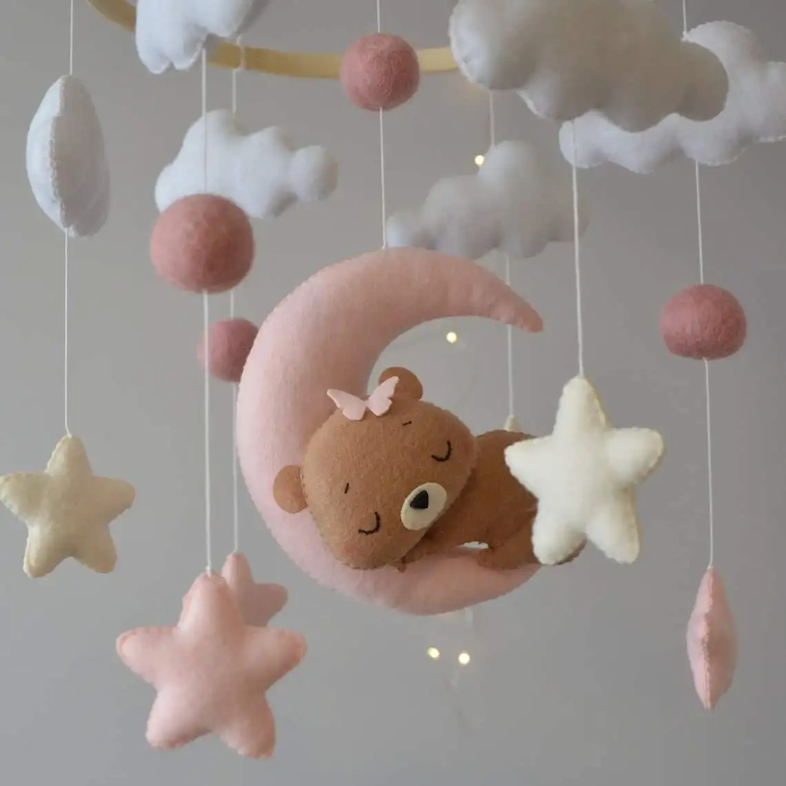 CPC CE handmade sleepy bear ball soft hanging toys safari musical nursery holz cot felt crib quran baby mobiles with frame