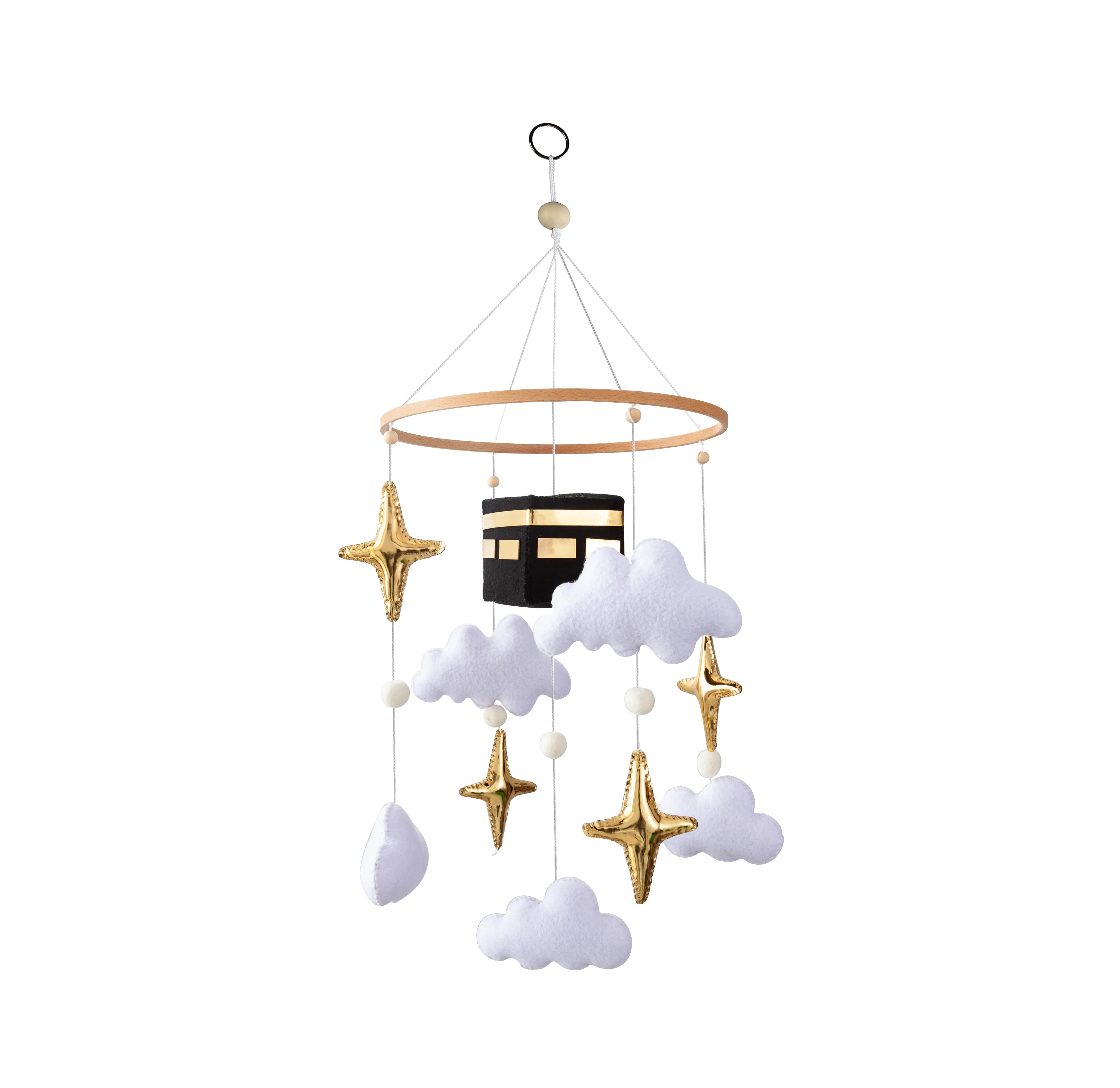 Wholesale quality assurance finished boho bed bell hanging toys for bebe cot musical spring islamic kaaba felt baby mobiles