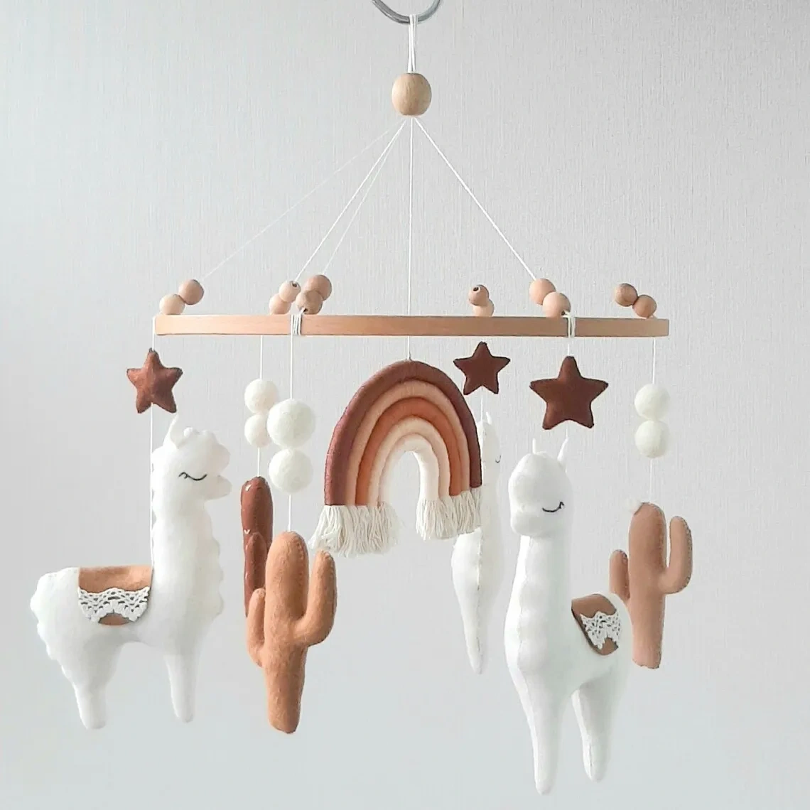 Small MOQ non-toxi box packing hand sewing soft hanging toys stuffed animals llama and cactus nursery crib baby mobile hanger