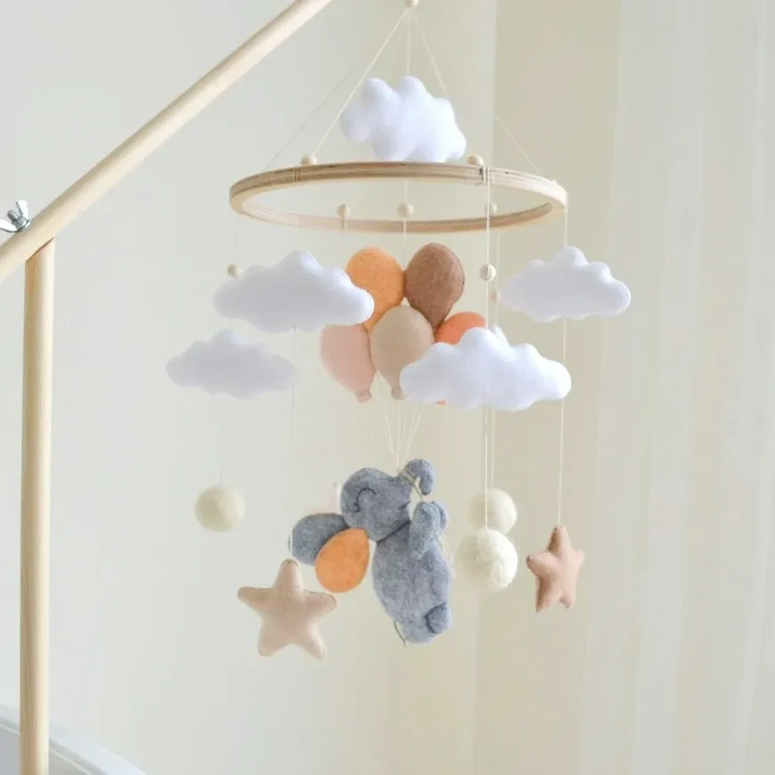 Custom made in china neutral nursery mobile pompoms pink & grey pastel decor felt nursery baby elephant mobile
